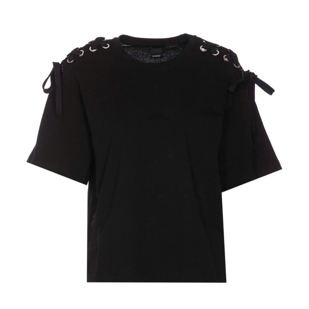 Very J Black Lace Up Sleeve Eyelet Cropped Top Alternative Style Tee Size Small